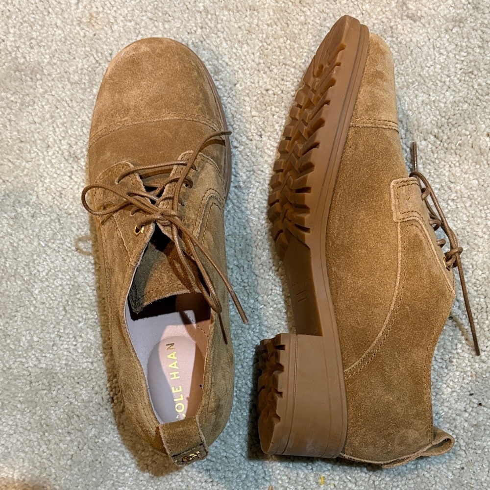 Cole Haan Tan Suede “Camea” Lace Up 2 Inch Block Heeled Loafers-Size 9.5B